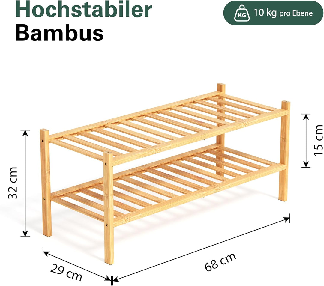 Schuhregal aus Bambus, Schuhablage mit 2 Ebenen, 68 x 28 x 32 cm, Erweiterbar Stapelbar, Schuhschran