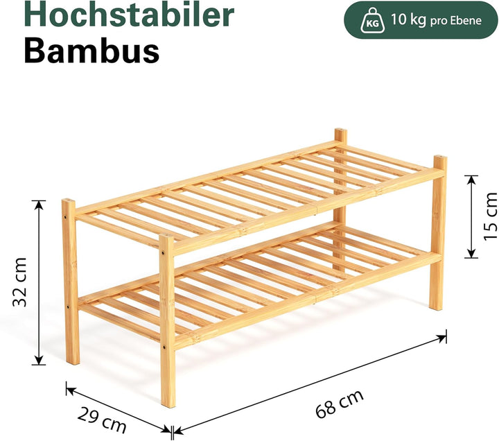 Schuhregal aus Bambus, Schuhablage mit 2 Ebenen, 68 x 28 x 32 cm, Erweiterbar Stapelbar, Schuhschran
