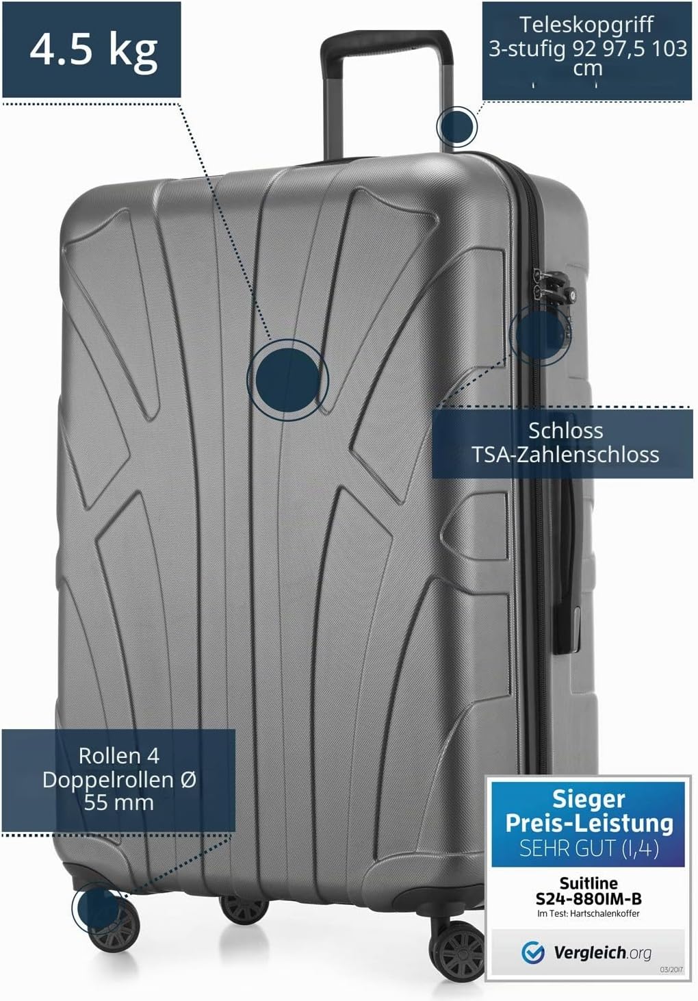 Suitline grosser Hartschalen-Koffer Koffer Trolley Rollkoffer XL Reisekoffer, TSA, 76 cm, ca. 96-110