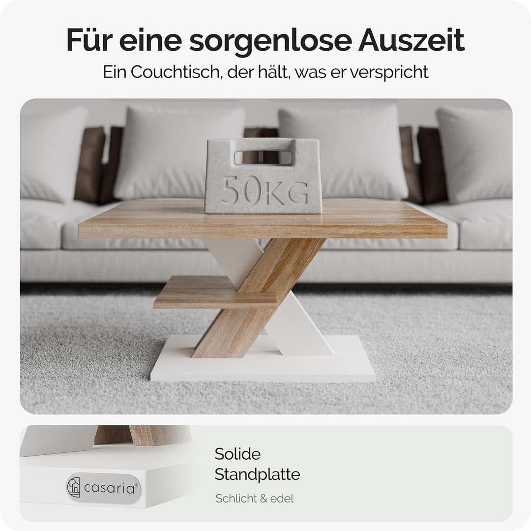 Casaria® Couchtisch Weiss Eiche Holz Stauraum Ablage Kratzfest Modern Rechteckig 50kg Belastbar Beis