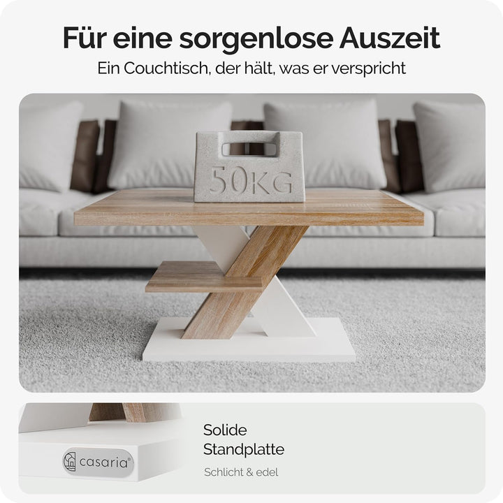 Casaria® Couchtisch Weiss Eiche Holz Stauraum Ablage Kratzfest Modern Rechteckig 50kg Belastbar Beis
