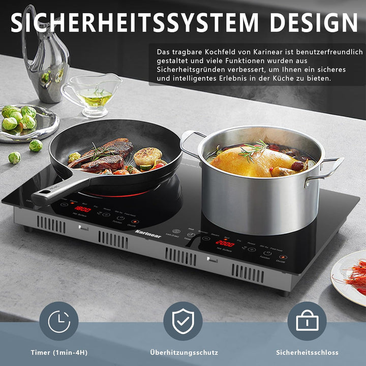 Karinear Herdplatte 2 Kochfelder, 3600W Kochplatten 2er Elektrisch, 2 Platten Kochfeld mit Stecker,
