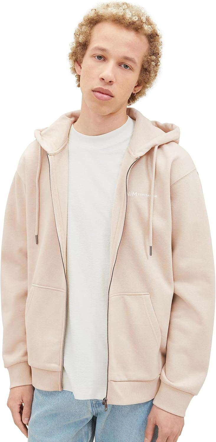 TOM TAILOR Denim Herren Basic Kapuzenjacke mit Logo-Print S 11704-silver Ecru, S 11704-silver Ecru