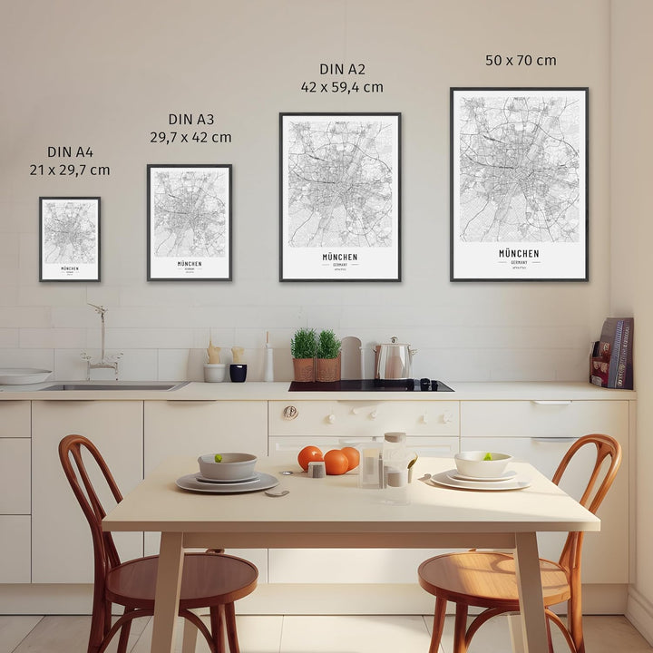 JUNOMI® München Poster XL mit Rahmen Eiche, DIN A2 Wohnzimmer Deko, Modernes Wandbild, München Bild,