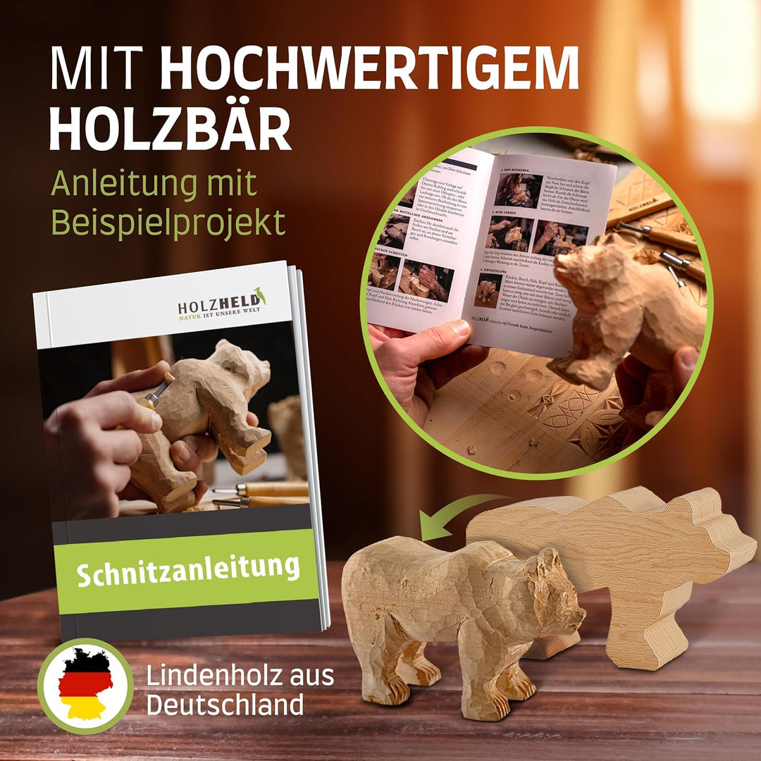 HOLZHELD Schnitzwerkzeug und Schnitzrohling (17-teilig) in hochwertiger Ledertasche. Inkl. Anleitung