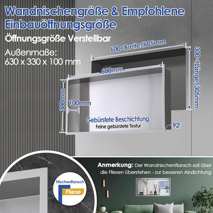 ROVOGO 60 x 30 x 10 cm Wandnische Dusche Edelstahl 304, Eingebettete Duschnische Einzelregal Lagerun