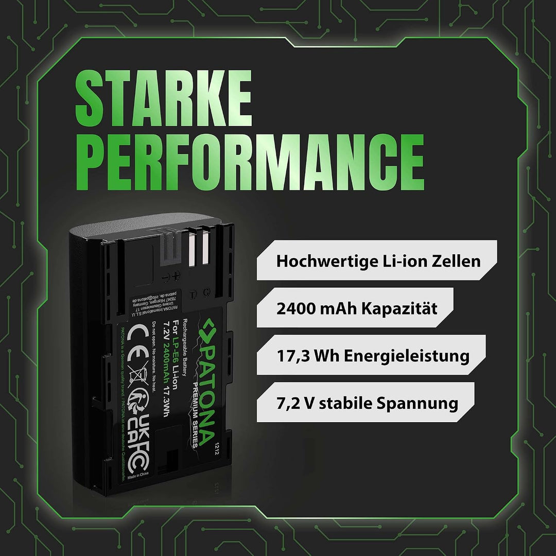 PATONA 2X Premium LP-E6 Akku 2400mAh Ersatzakku kompatibel mit Canon EOS 5D Mark II III IV 5DS R R5