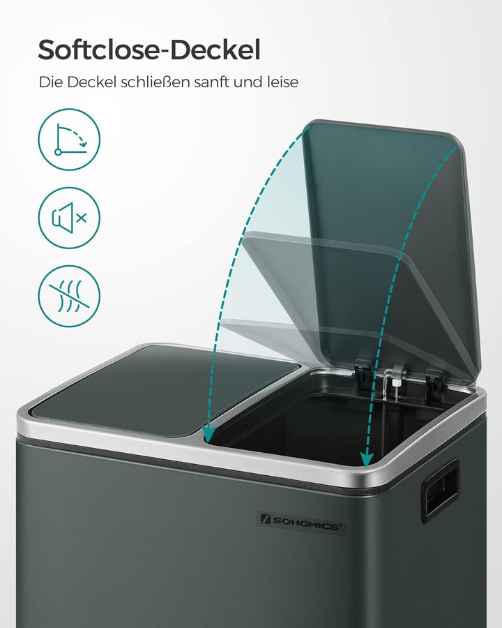 SONGMICS Mülleimer Küche, 2 x 15 L, Mülltrennsystem, Abfalleimer aus Metall, Treteimer mit Inneneime