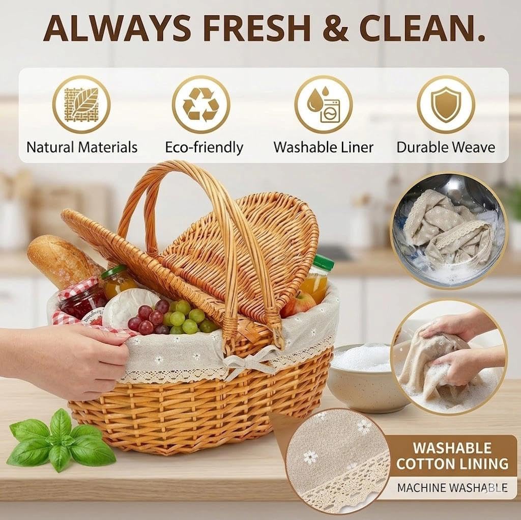 Picknickkorb,weidenkorb,Picnic Basket,Korb mit Deckel,Handgefertigt, geeignet für Camping, Picknicks