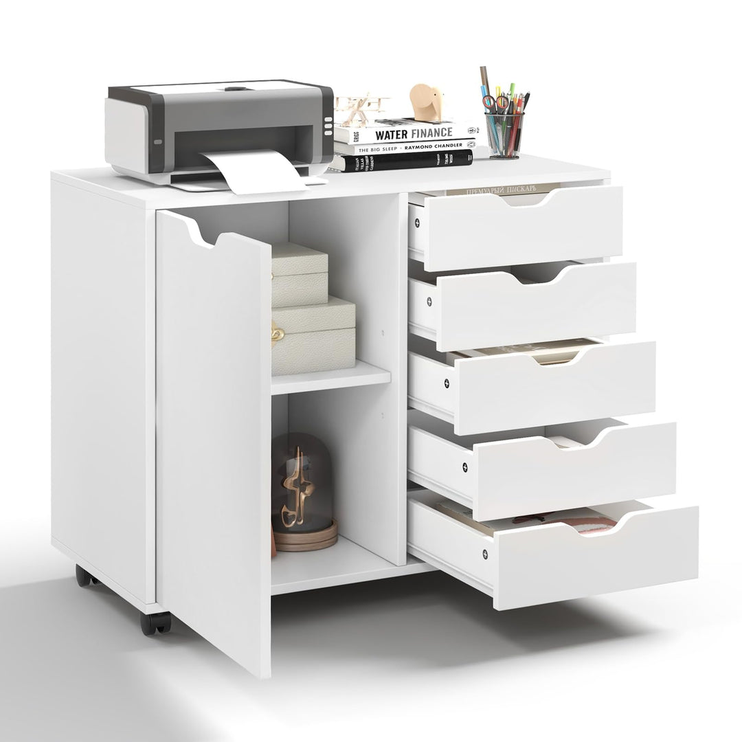 KOMFOTTEU Aktenschrank mit Rollen, Rollcontainer mit 5 Schubladen, Schubladenschrank Bürocontainer D