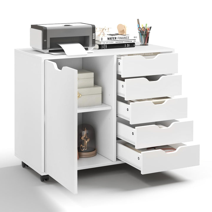 KOMFOTTEU Aktenschrank mit Rollen, Rollcontainer mit 5 Schubladen, Schubladenschrank Bürocontainer D