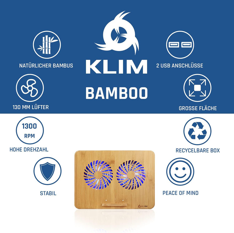 KLIM Bamboo - Laptop Kühlungspad - Anpassbare Geschwindigkeit - Kühlende Unterlage mit Lüftern und B