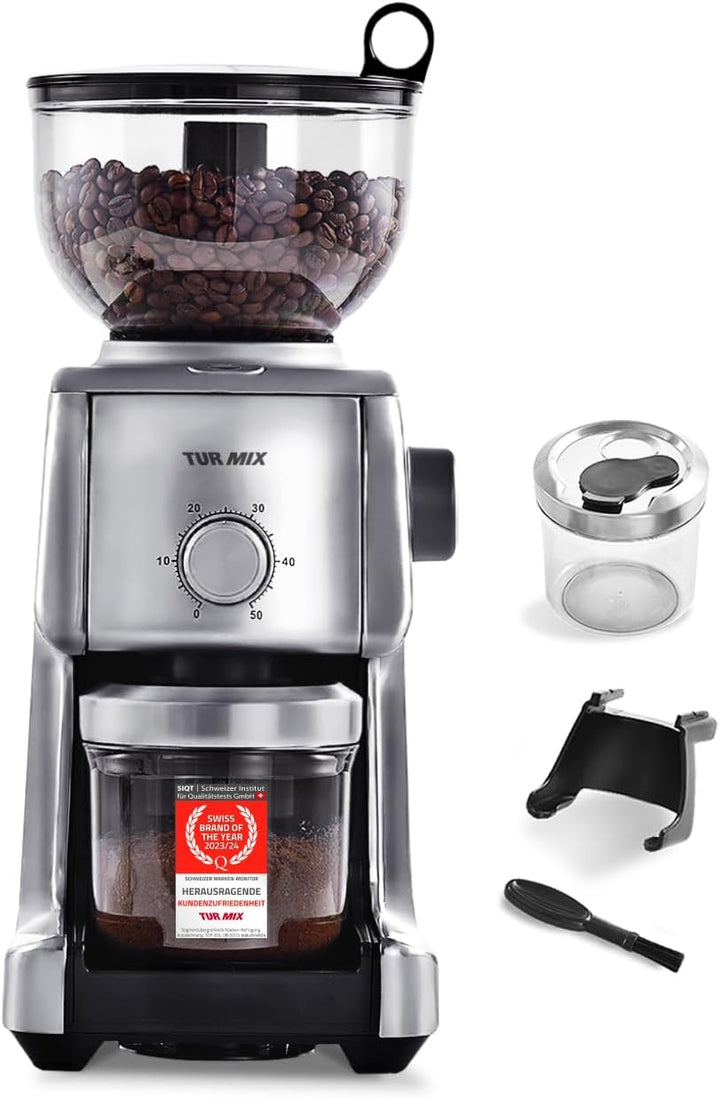 Turmix elektrische Kaffeemühle TX 190 – Kaffeemühle mit Kegelmahlwerk, 16 Stufen, 400 g Bohnenbehält