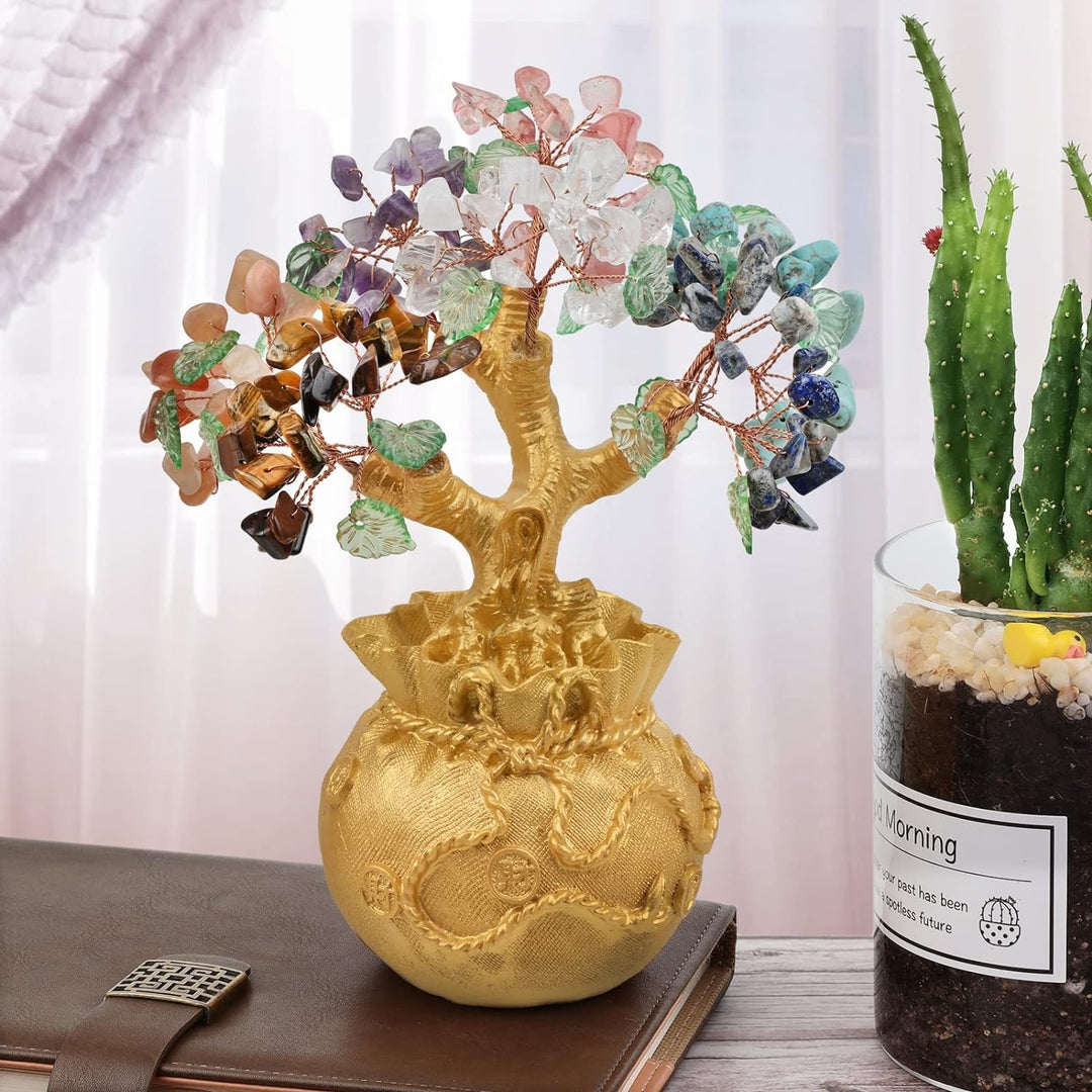 mookaitedecor 7 Chakra Stein Geld Baum mit goldenen Geldbeutel Basis, Feng Shui Baum Bonsai Ornament