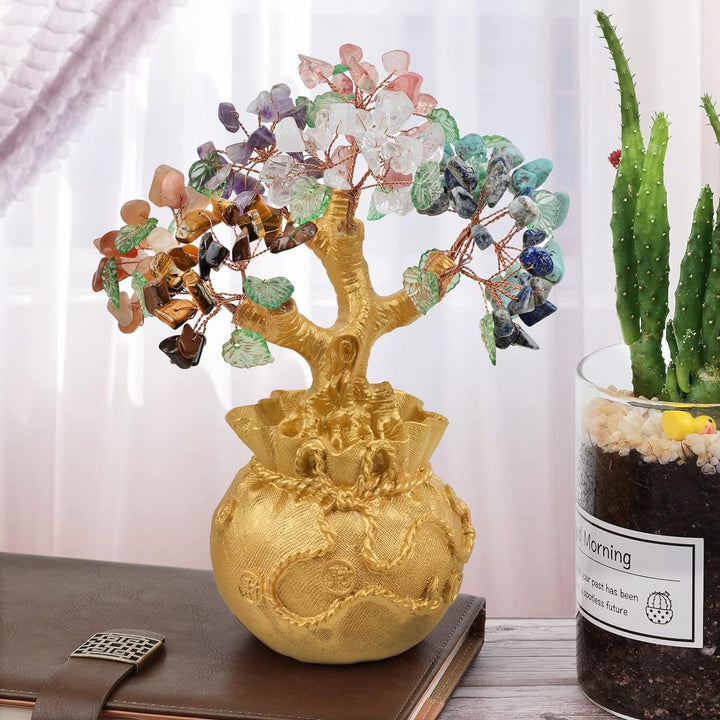 mookaitedecor 7 Chakra Stein Geld Baum mit goldenen Geldbeutel Basis, Feng Shui Baum Bonsai Ornament
