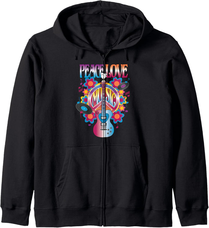 PEACE LOVE & MUSIC Rock Gitarre Retro Vinyl Disc Tauben Icon Kapuzenjacke