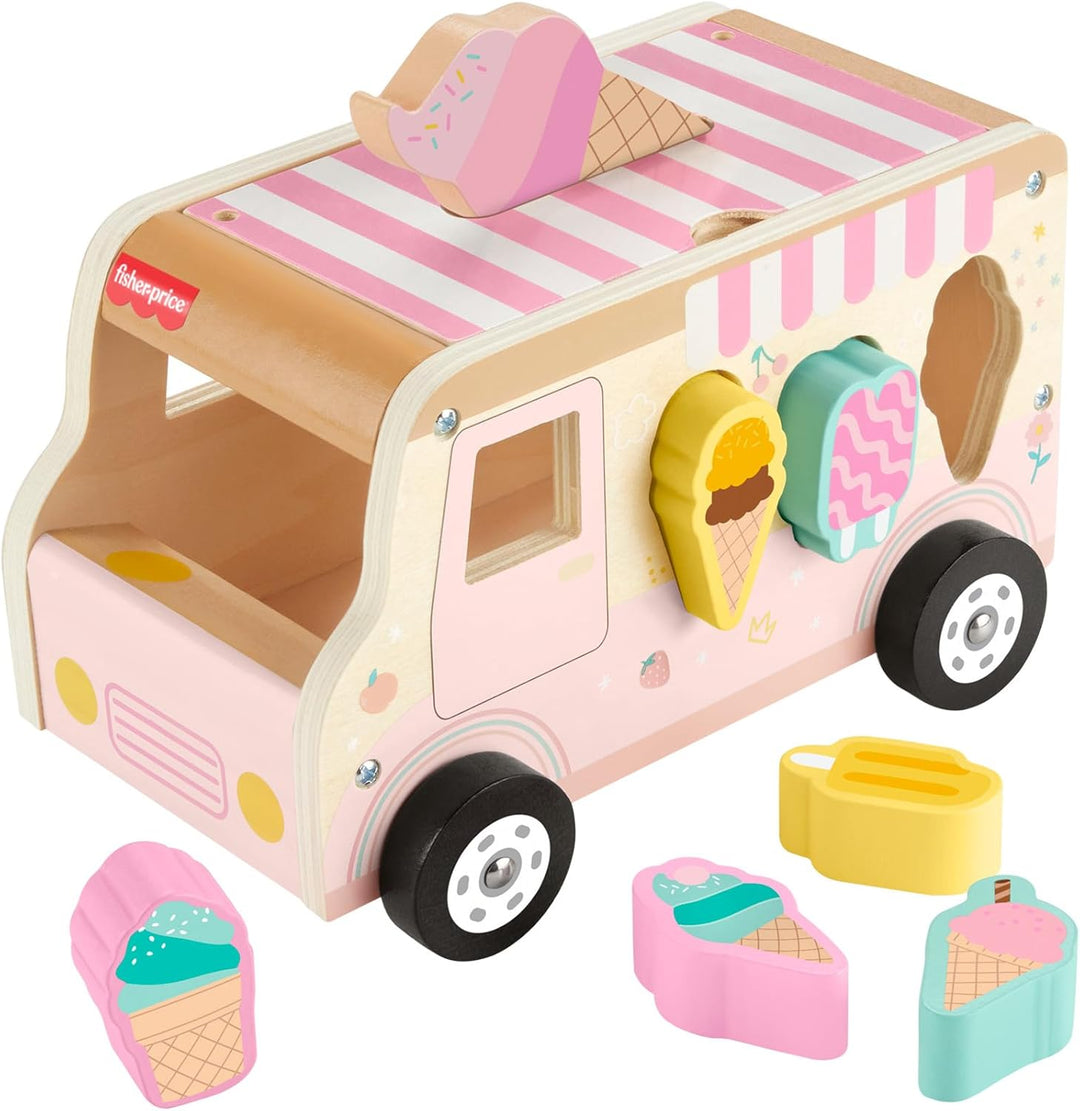Fisher-Price Formensortierer für Kleinkinder Eiswagen aus Holz, 8 Holzteile für die spielerische Ent