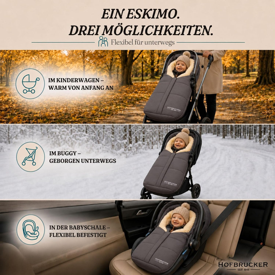 Hofbrucker Lammfell-Fusssack Eskimo für Babyschale, Kinderwagen, Buggy/Universeller Winterfusssack/F