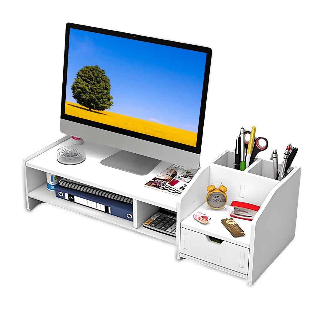 Monitorständer mit Schublade, 63 x 23 x 18 cm, Weiss, Büro PVC+Wood Plastic Board, PVC+Wood Plastic