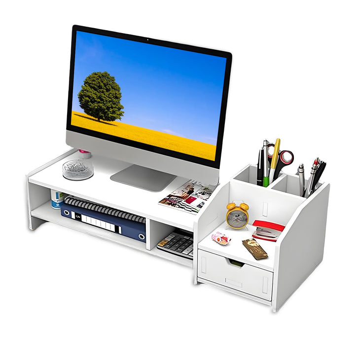 Monitorständer mit Schublade, 63 x 23 x 18 cm, Weiss, Büro PVC+Wood Plastic Board, PVC+Wood Plastic