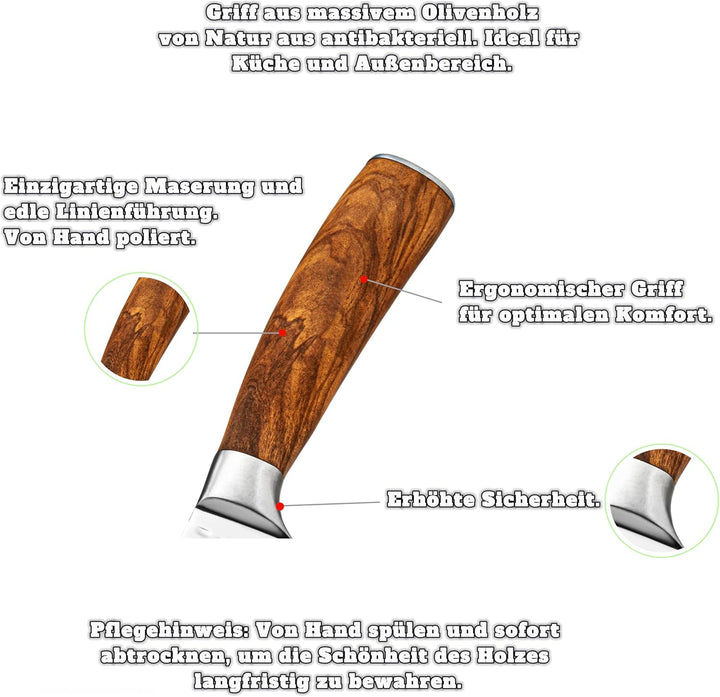 URUMAH Kochmesser 33cm - Griff aus italienischem Olivenholz - Scharfes Küchenmesser - Klinge aus hoc
