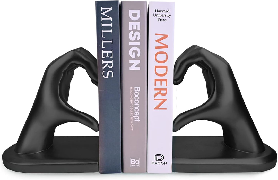 Schwarz Buchstützen Set aus Resin - Herz & Hände Skulptur als Buchstütze, dekorative Bookends für Bü