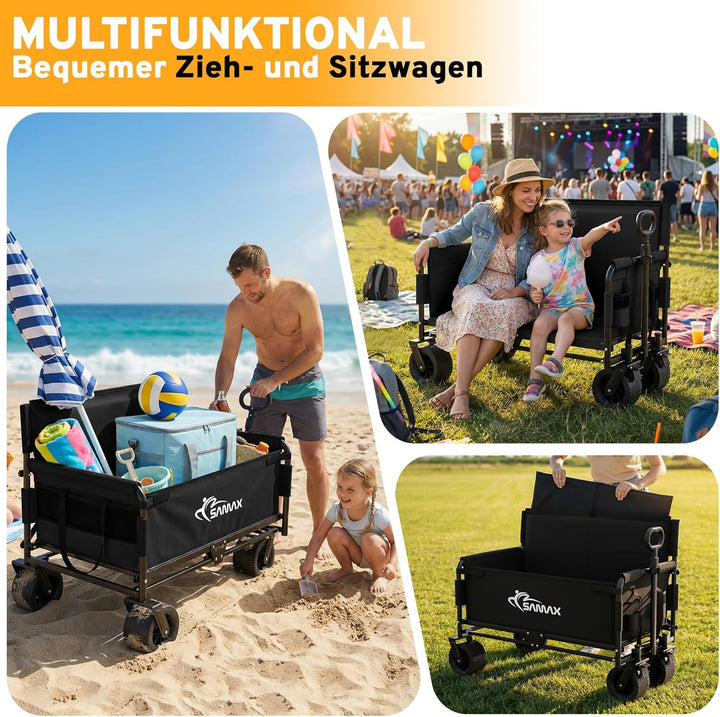 SAMAX Bollerwagen bis 200kg - 2in1 mit Bank - Faltbarer Handwagen Gartenwagen Strandwagen - Klappbar