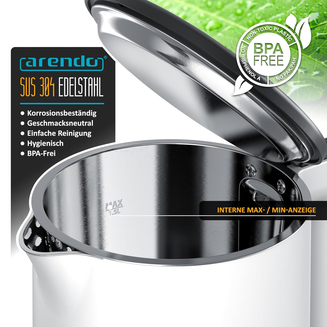 Arendo - Wasserkocher Edelstahl – 1,5 Liter - 2200 Watt – Doppelwand-Design – 360° Controller – BPA-