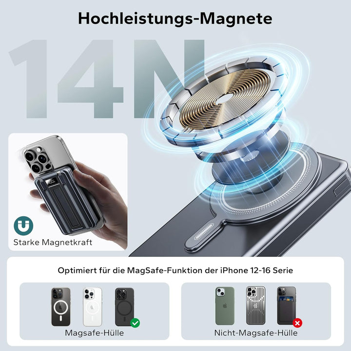 Magsafe Powerbank 10.000mAh, Power Bank iPhone Magsafe mit USB-C Kabel, 20W PD-Schnellladung Wireles