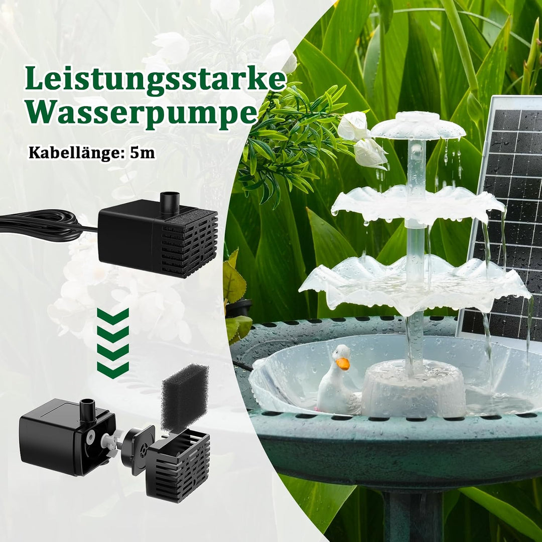 AISITIN DIY Brunnen,Vogeltränke Sets mit 6,5W Solar Springbrunnen mit Akku und LED, 3 Stufige Vogelf