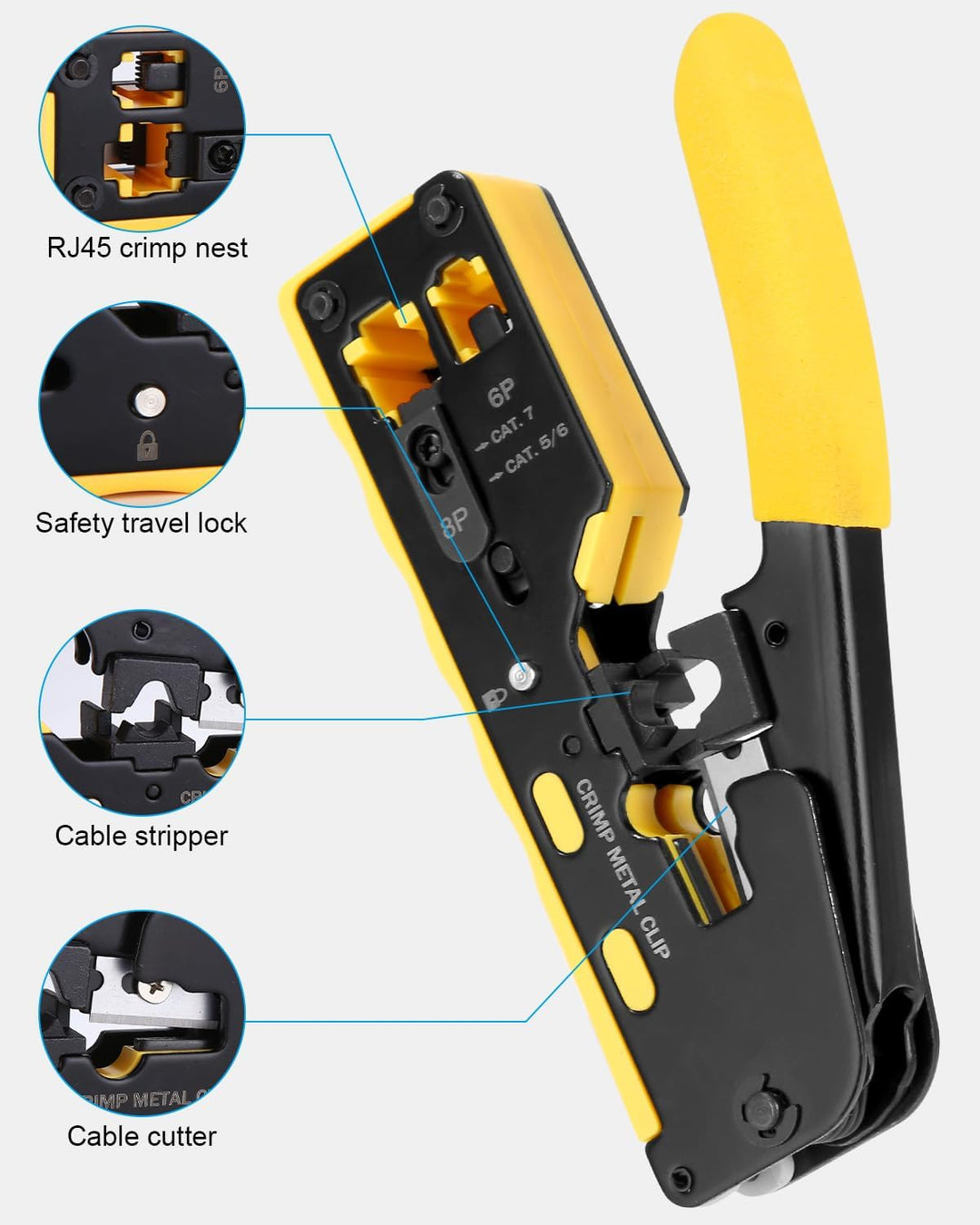 Netzwerk Werkzeug Set Pass Through RJ45 Crimpzange Cat5 6 7 mit Tester | Abisolierzange + 50x Cat6 S