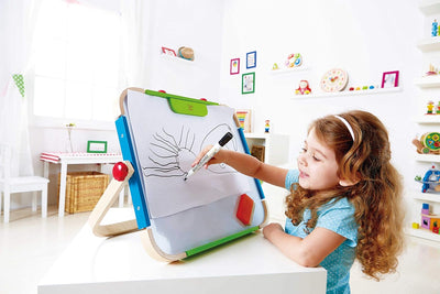 Hape Anywhere Art Studio , Award-Winning Double-Sided Wooden Kids Easel Whiteboard/Chalkboard with 2