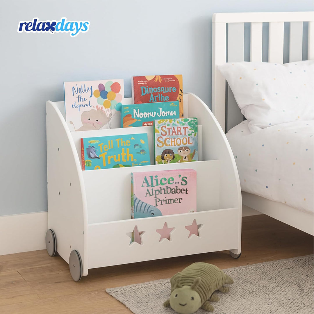Relaxdays Bücherregal Kinder, HBT: 57 x 62 x 42 cm, fahrbar, 3 Fächer für Bücher, Spielzeug, Kinderb