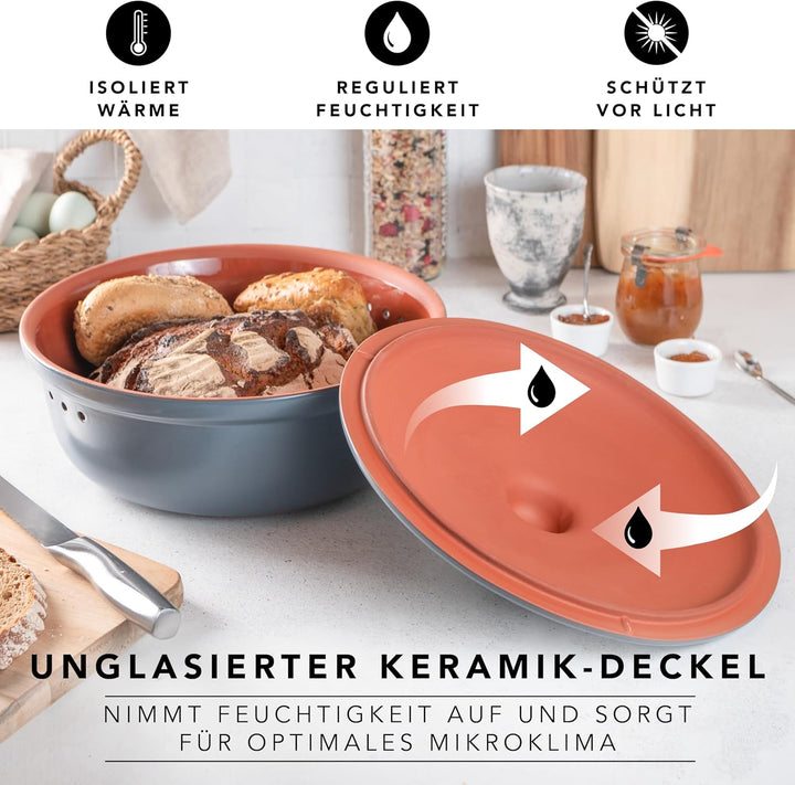 Römertopf Brottopf Rund Ø 30cm - Brotkasten Blau-Grau aus Keramik - Atmungsaktiver Tontopf für langa