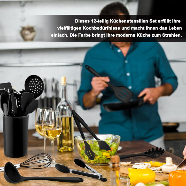 Homikit Silikon Küchenhelfer Set, 12 Stück Schwarz Kochutensilien | Hitzebeständiger Kochgeschirr, K