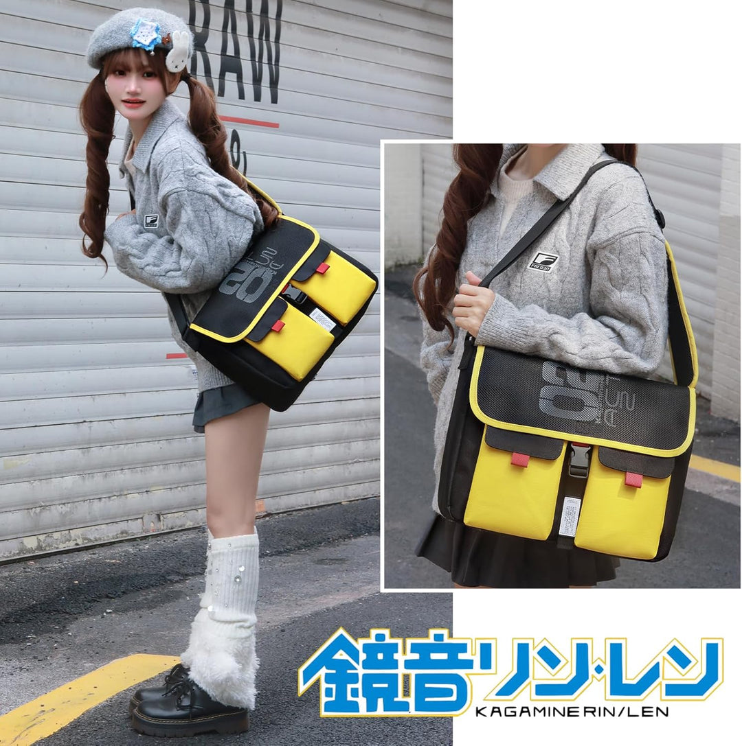 FIREFIRST x Hatsune Miku & Kagamine Rin/Len Schule Schultertaschen .Gelb W36×H30×D12.5（cm）, .Gelb W3