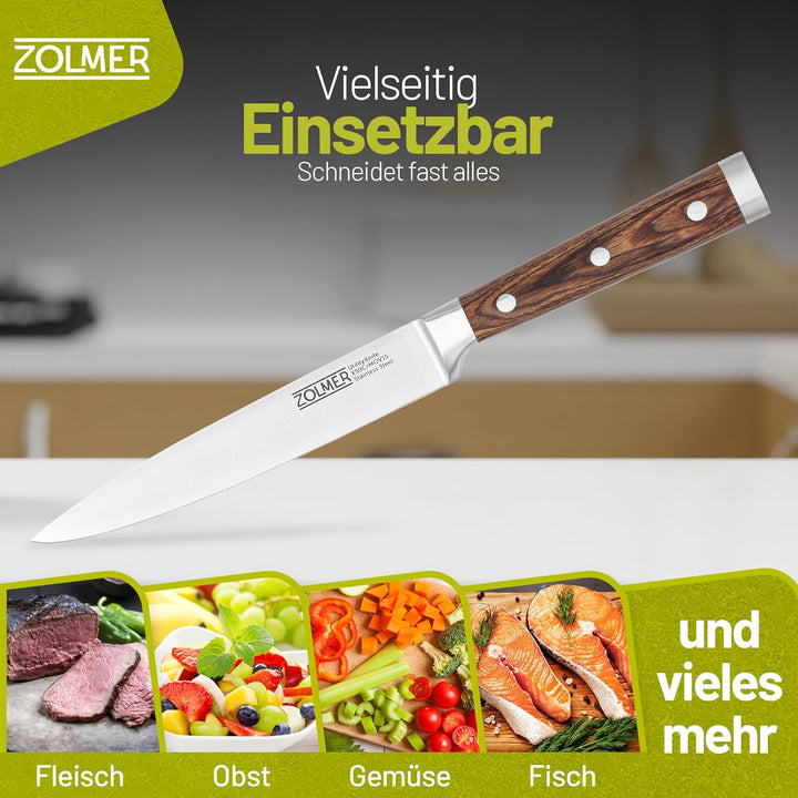 ZOLMER® Messerset X5 – Profi Allzweckmesser, Brotmesser, Kochmesser, Gemüsemesser & Wetzstahl – Scha