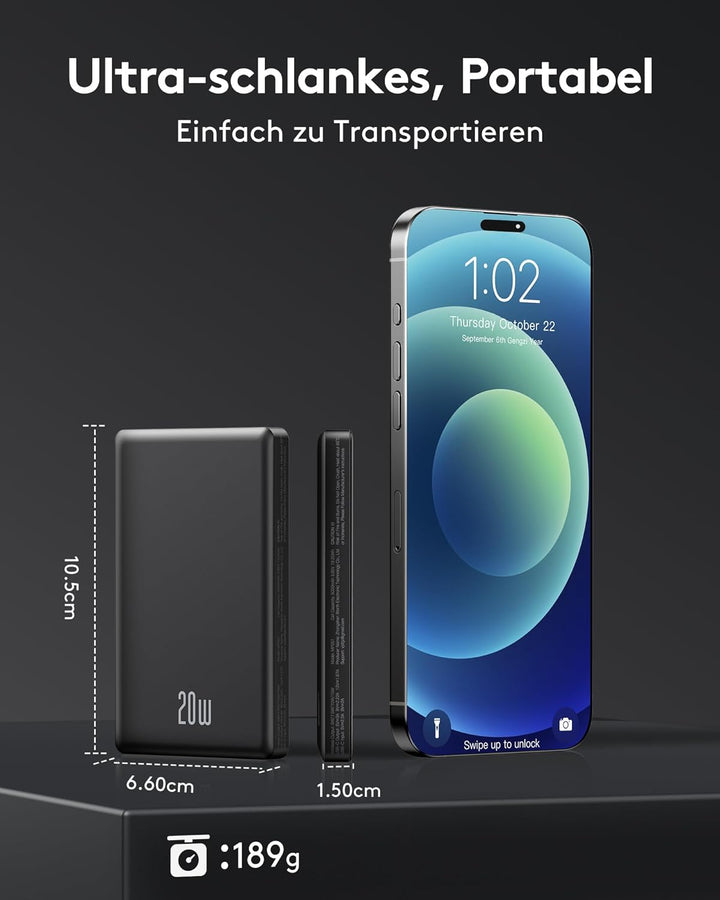 iPhone Powerbank für Magsafe, Ultra Slim 10000mAh Magnetic Power Bank Wireless, 20W PD Schnellladung