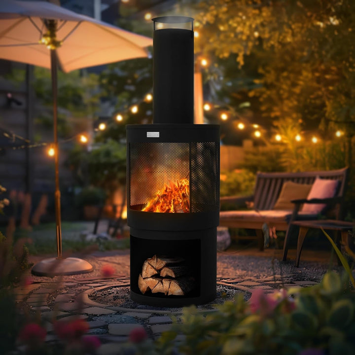 ML-Design Gartenkamin mit Schornstein, 131x45 cm rund, Stahl, Outdoor Gartenofen, Terrassenofen mit