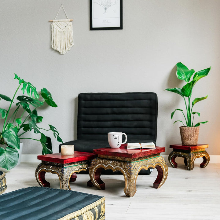 livasia Opiumtisch mit Glasmosaikverzierungen, Beistelltisch aus Holz, Nachttisch, asiatischer Hocke