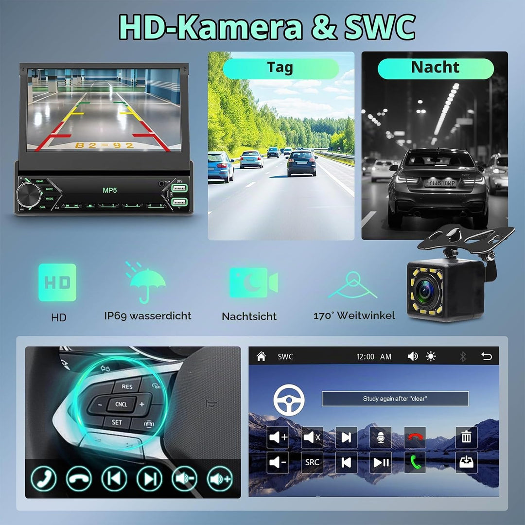 Autoradio 1 Din mit Drahtlos Carplay Android Auto, 7 Zoll IPS HD Manueller Flip Touchscreen Autoradi