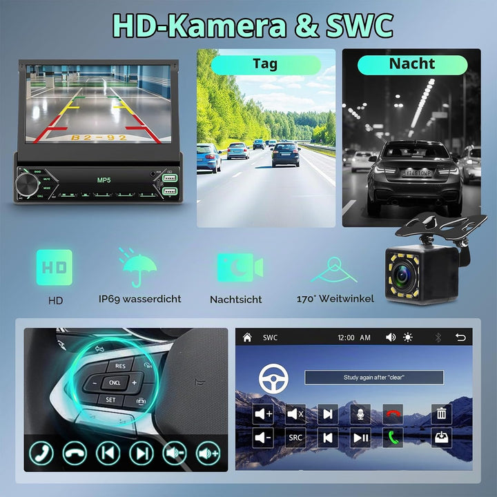 Autoradio 1 Din mit Drahtlos Carplay Android Auto, 7 Zoll IPS HD Manueller Flip Touchscreen Autoradi