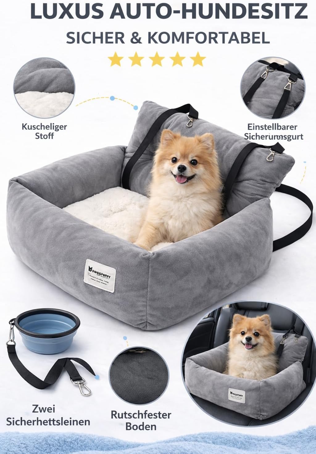 Hunde Autositz Hundesitz für kleine bis mittlere Hunde, Waschbarer Ansteckbare Leine verdickter Memo