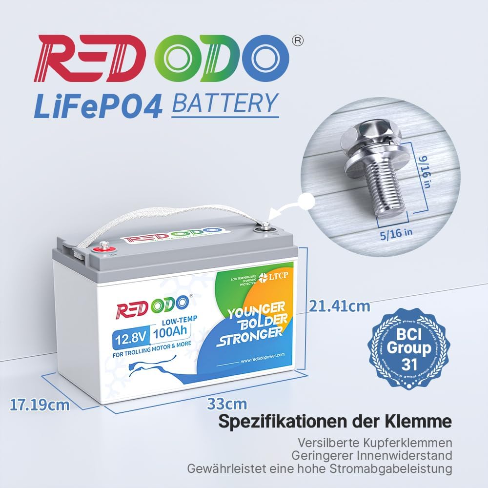 Redodo 12V 100Ah LiFePO4 Batterie mit 20A Ladegerät, Niedertemperaturschutz, Trolling-Motor Batterie