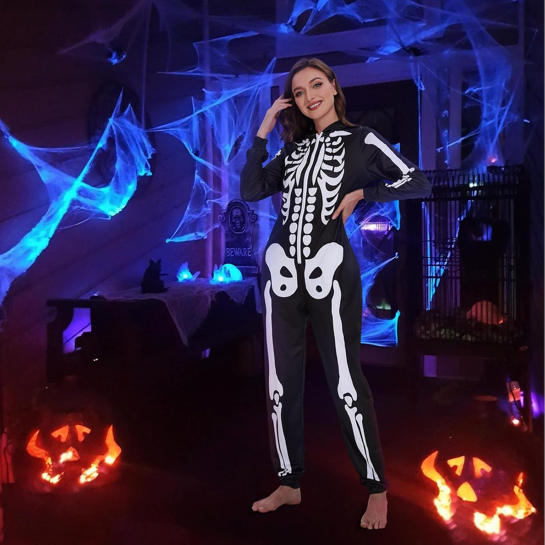 Ulikey Halloween Skelett Kostüm Damen, Halloween Skelett Onesie Overall Pyjama Erwachsene Damen Hall
