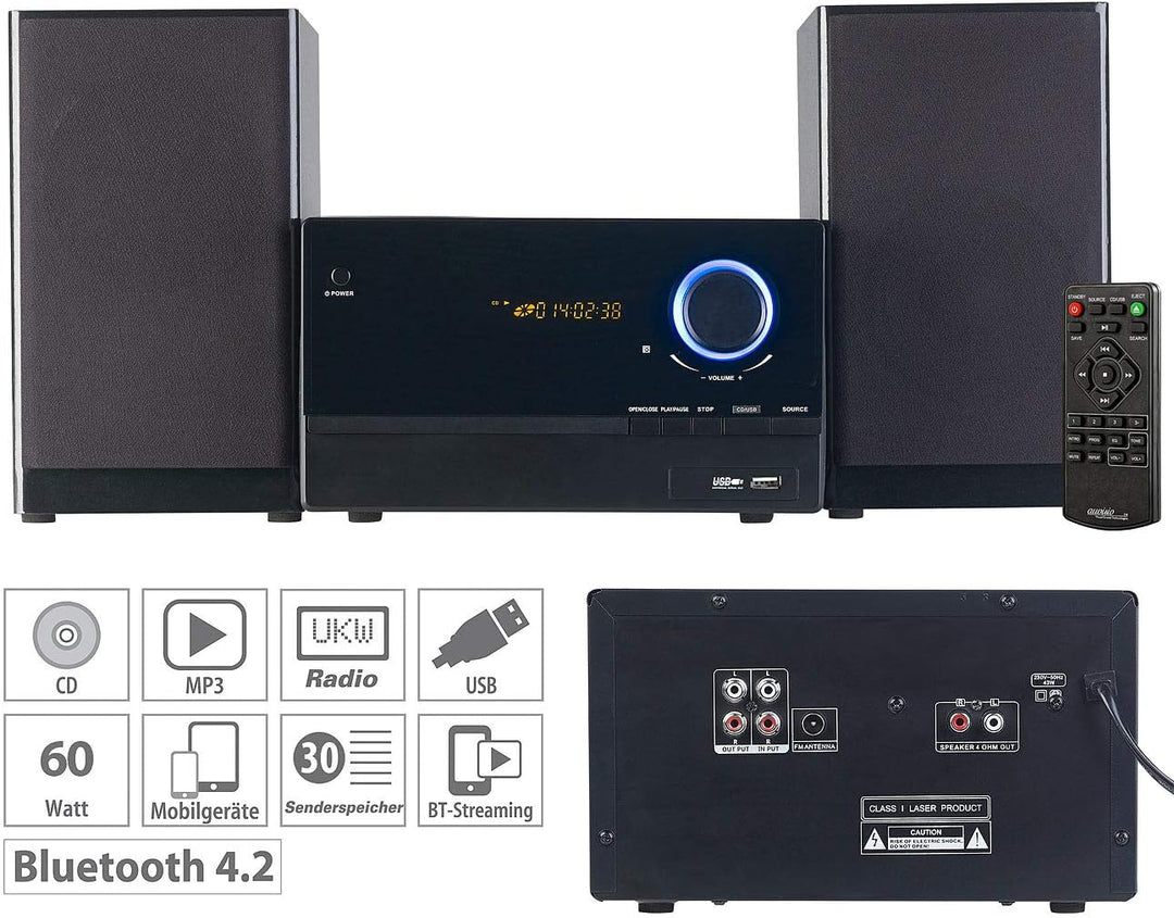 auvisio Mini Stereoanlage: Micro-Stereoanlage, CD-Player, Radio, MP3-Player, Bluetooth, 60 Watt (Min
