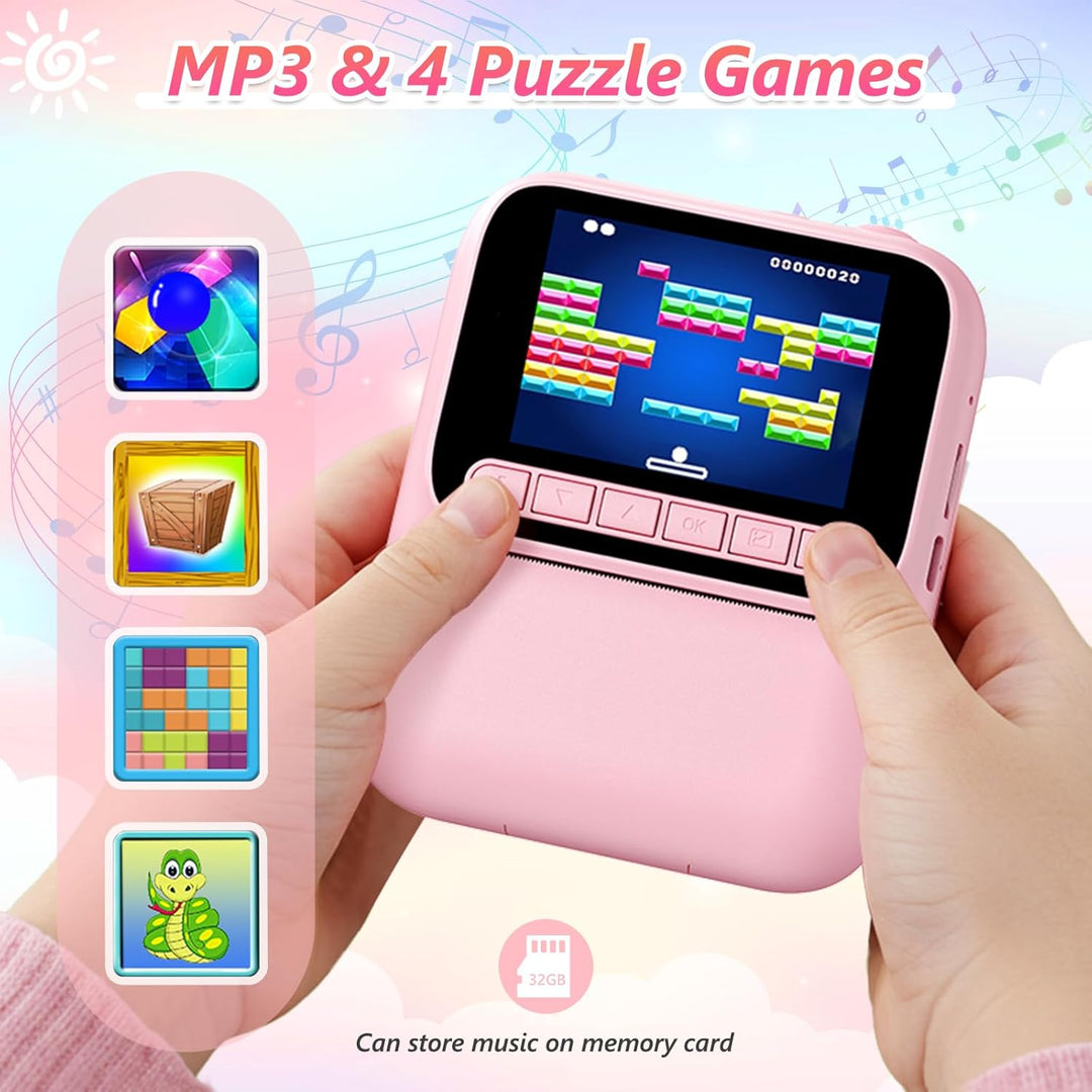 Sofortbildkamera für Kinder,1080P Kinderkamera mit 5 Rollen Druckpapier,32GB-Karte und Farbstiften,T