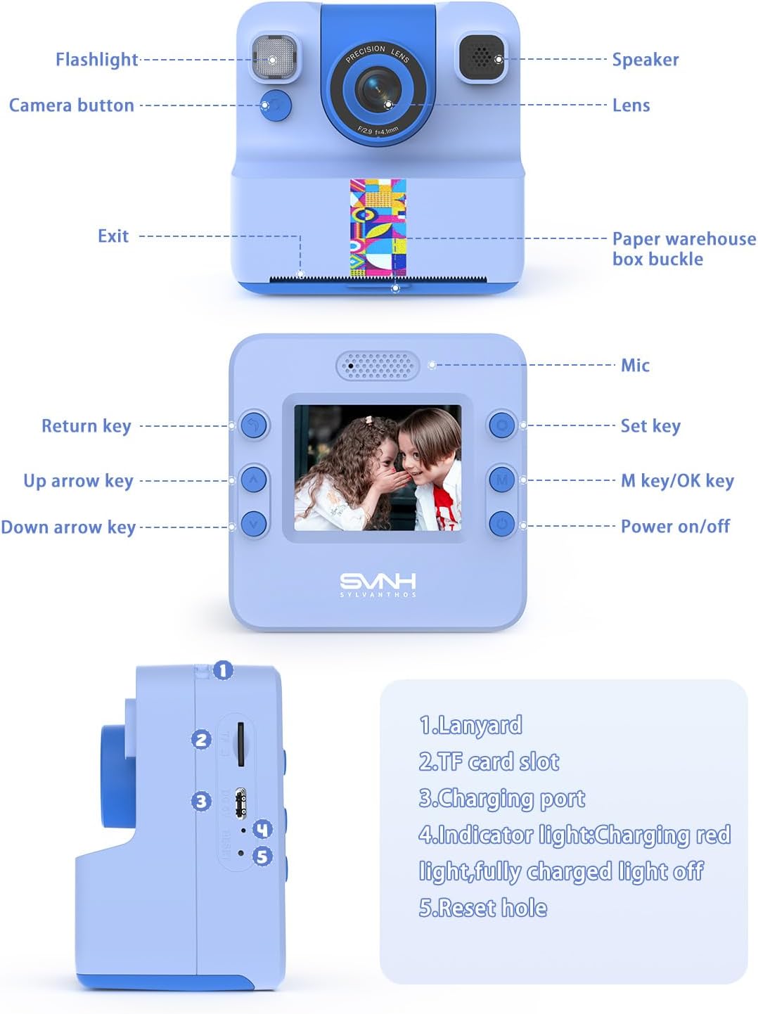 Kinder Sofortbildkamera, 1080p Sofortdruck Kamera für Kinder, 180° drehbares Selfie Objektiv mit 32G