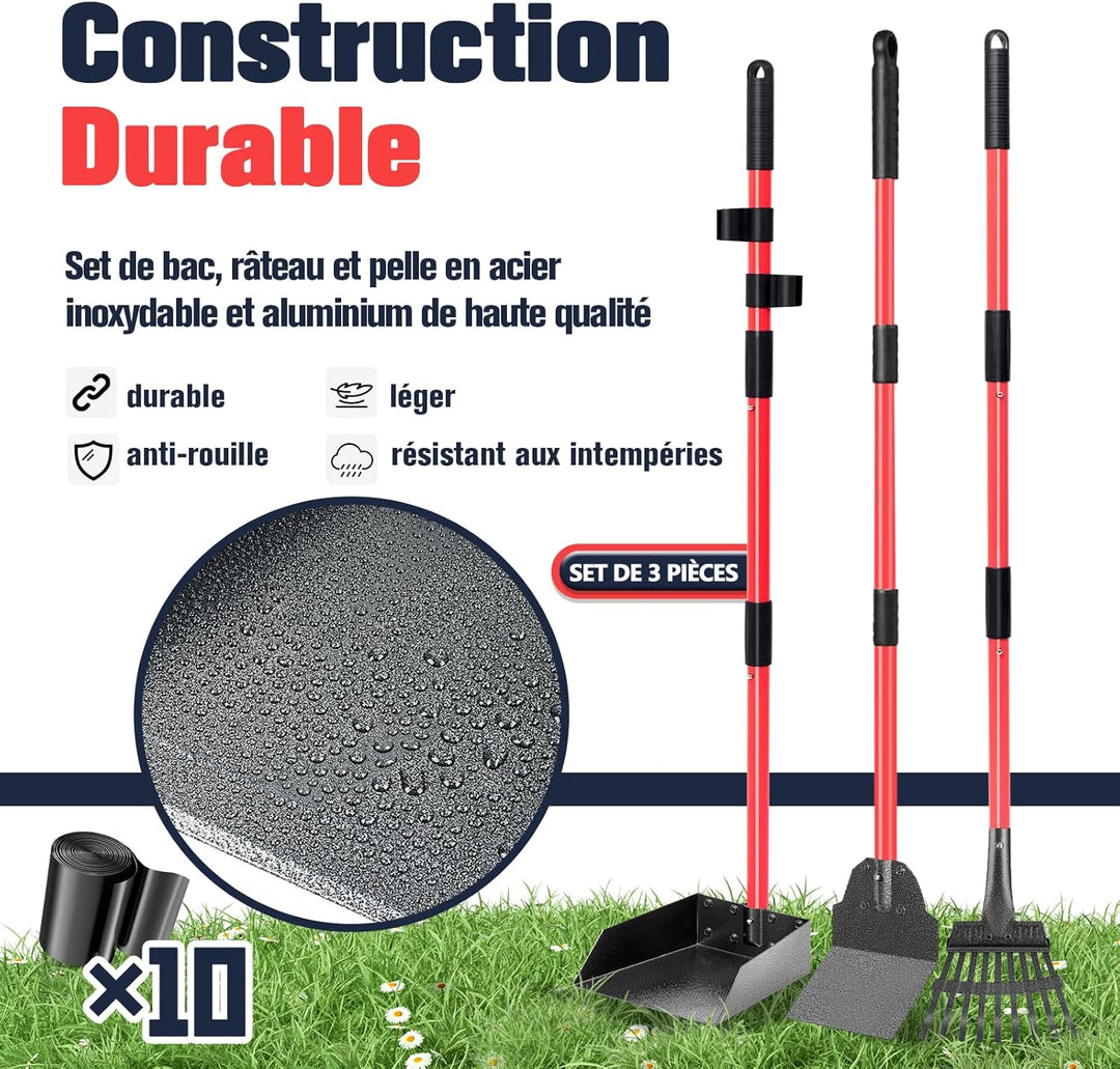 Kotschaufel, Rechen & Schaufel für Hunde mit langem verstellbarem Metallgriff, robuste Kotschaufel m