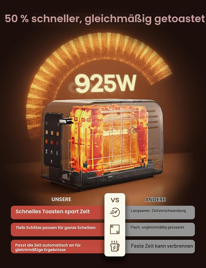 Ganiza Smart Toaster 2 Scheiben, Toaster Edelstahl mit Touchscreen, digitaler Timer, 6 Bräunungsstuf